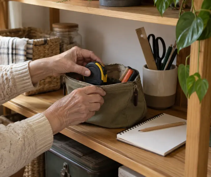 Scène illustrative de mains rangeant un mètre ruban fermé dans une pochette en toile près d’un carnet.
