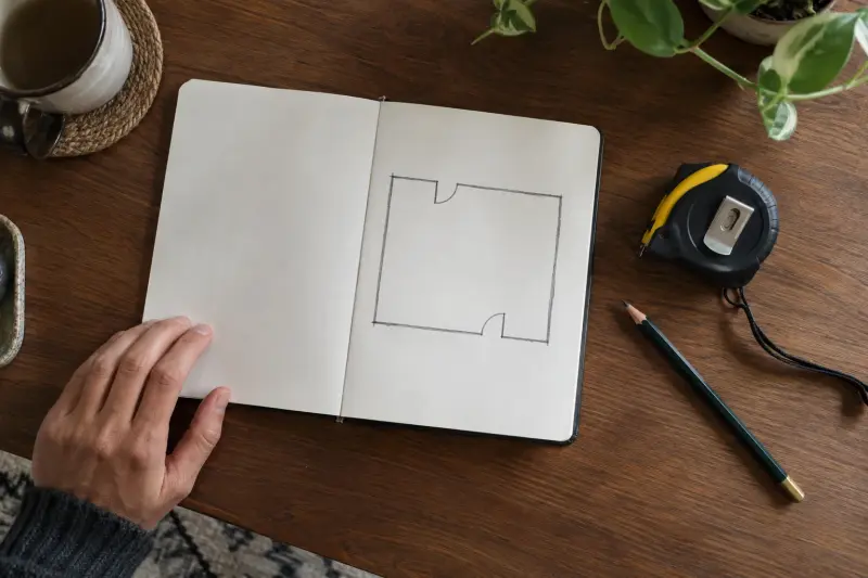 Carnet illustratif avec un croquis de pièce sans annotations, un crayon et un mètre ruban fermé.