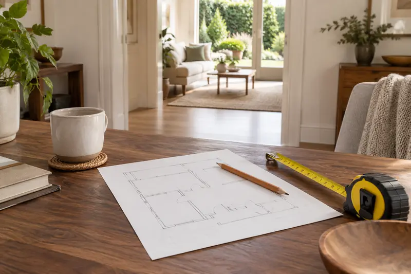Tape measure, pencil and a simple room sketch on a wooden table near an open doorway.