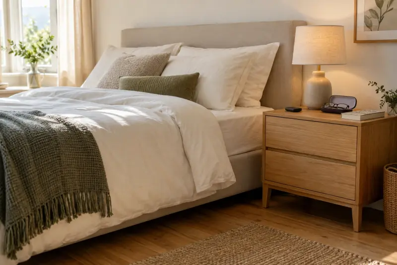 Illustrative bedroom scene with a flat bed and an oak bedside unit holding a lamp, glasses and a small remote.
