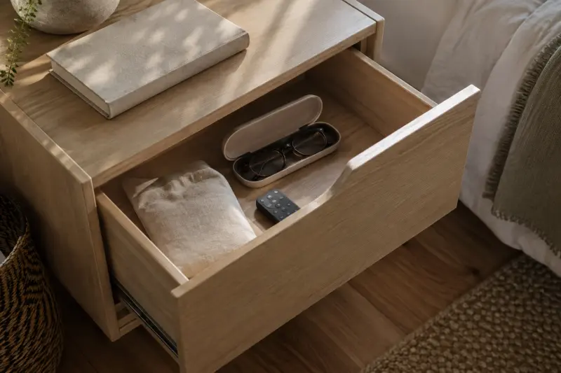 Illustrative close view of a bedside drawer with glasses in a case, a small remote and a linen pouch.