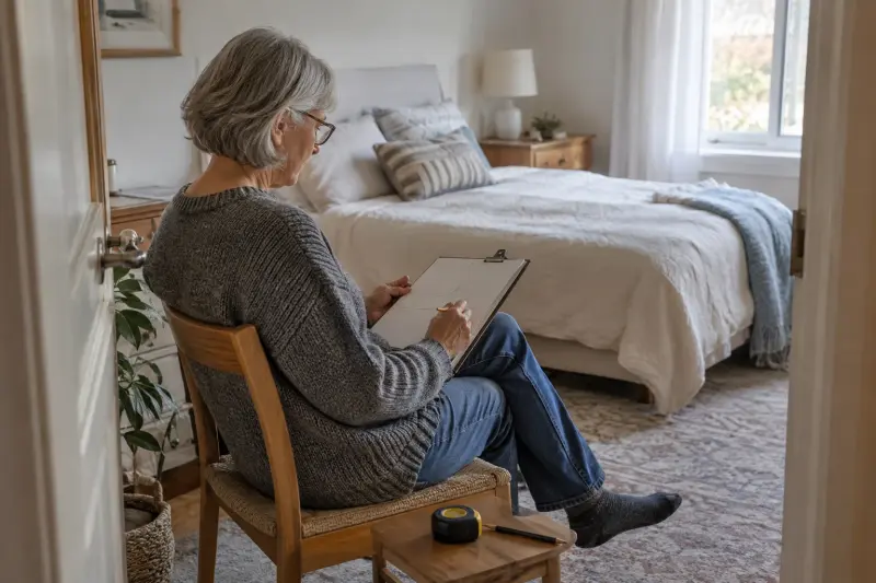 Illustrative scene of an older adult making a room sketch on a clipboard while seated beside a bedroom doorway.