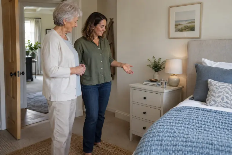 Illustrative scene of an older woman and another adult discussing a bedside cabinet in a bedroom.