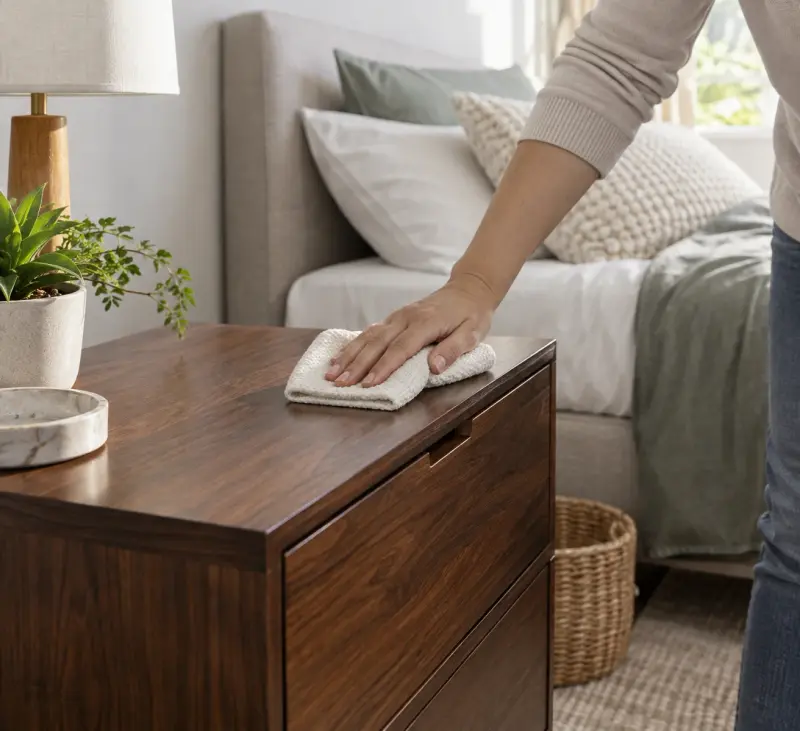 Illustrative close view of a hand wiping a walnut bedside chest with a folded cloth.