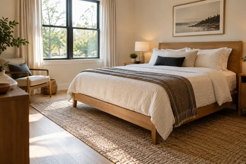 An ordinary flat bed and reading chair in a naturally lit bedroom.