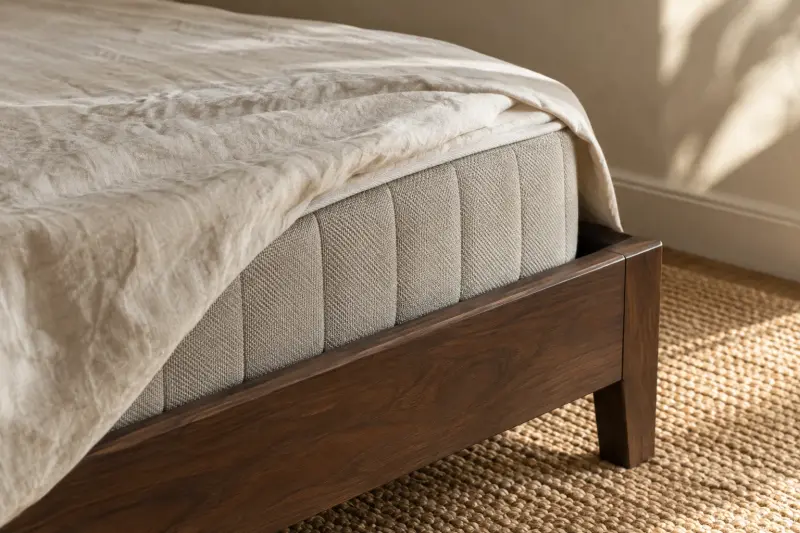 Close view of a mattress corner, ivory linen and a dark wooden bed frame.