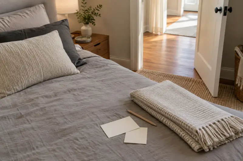 Blank planning cards and a folded blanket on a bed beside an open bedroom door.
