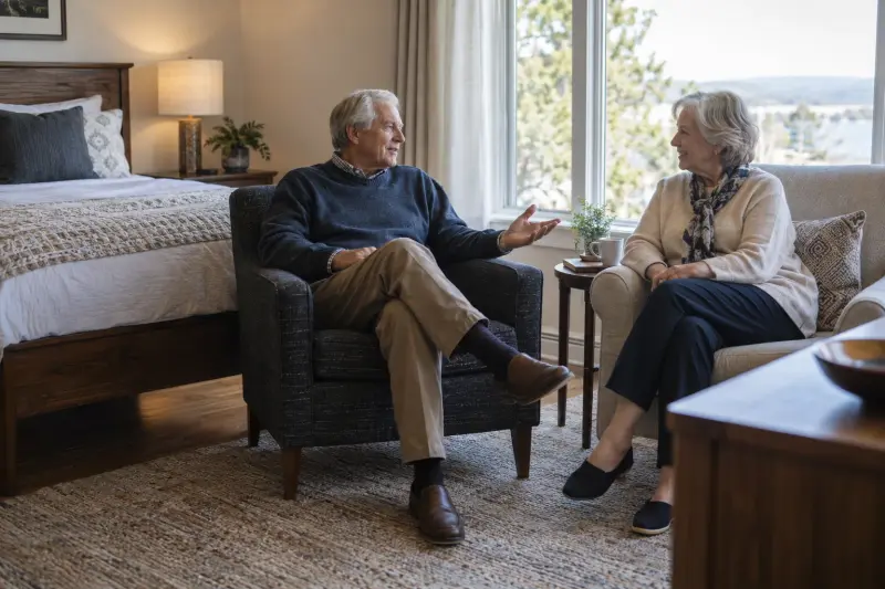 An older couple talking from two chairs beside a bedroom window.