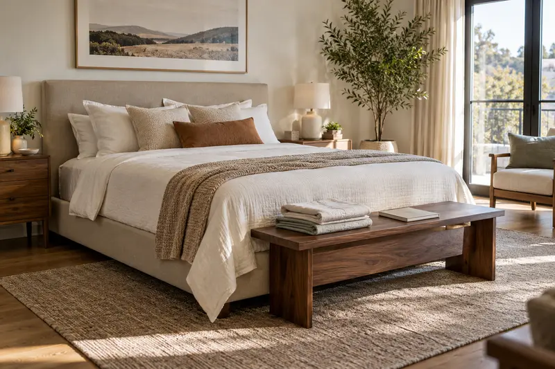Neutral flat bed with folded sheets and a notebook on a walnut bench.