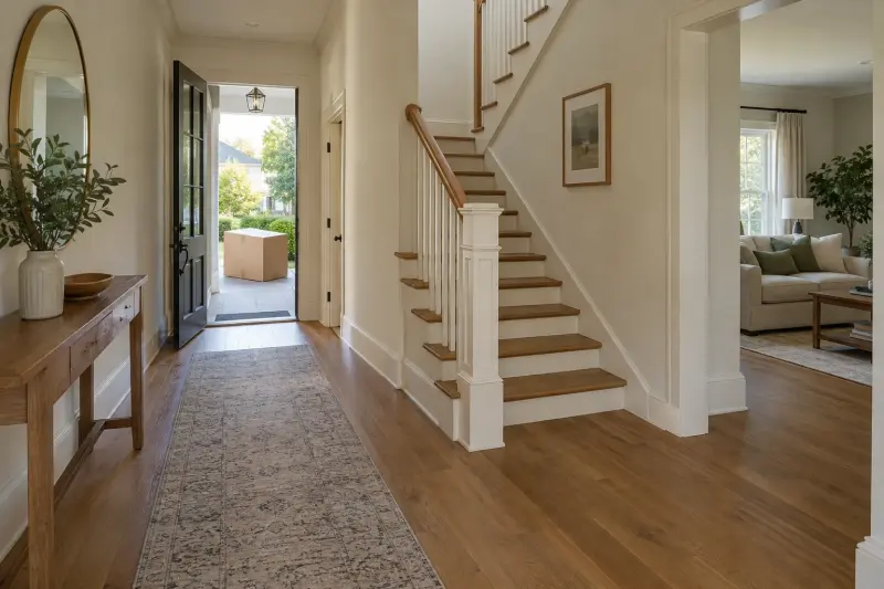 Illustrative entrance hallway and staircase with a plain sealed carton waiting outside.