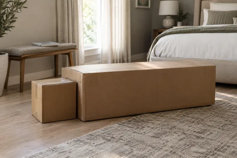 Illustrative bedroom with sealed plain cartons and a closed instruction booklet on a bench.