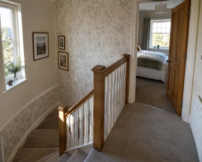Illustrative upstairs landing beside a staircase and an open bedroom doorway.