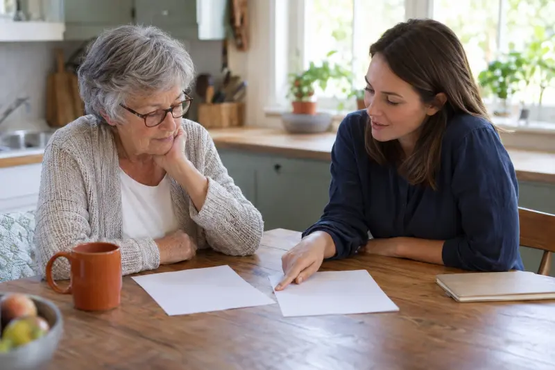 Illustrative scene of two adults discussing plain paper sheets at a kitchen table.