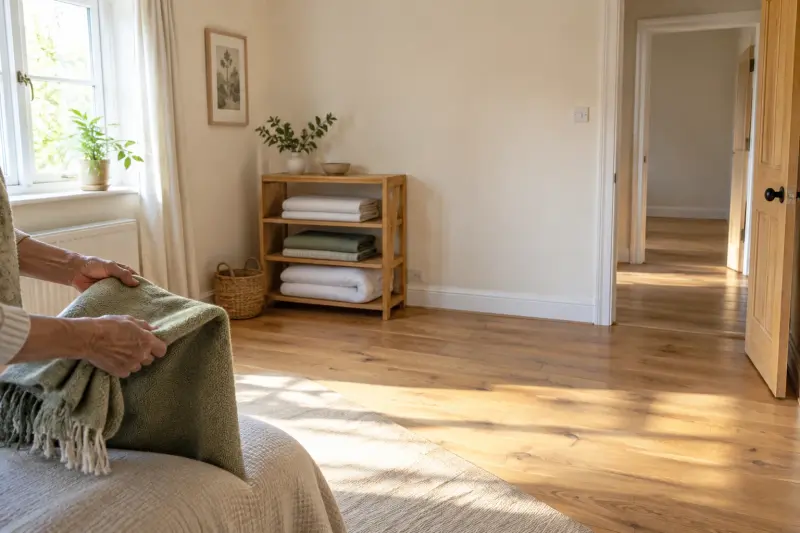 Illustrative bedroom preparation with folded linen, clear floor space and hands folding a blanket.