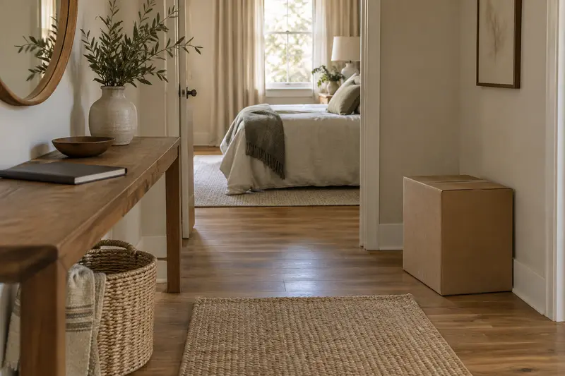 Illustrative hallway and bedroom doorway with a plain closed delivery carton.