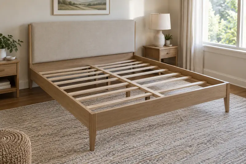 Illustrative bedroom view of an empty wooden bed frame with visible slats and an upholstered headboard.