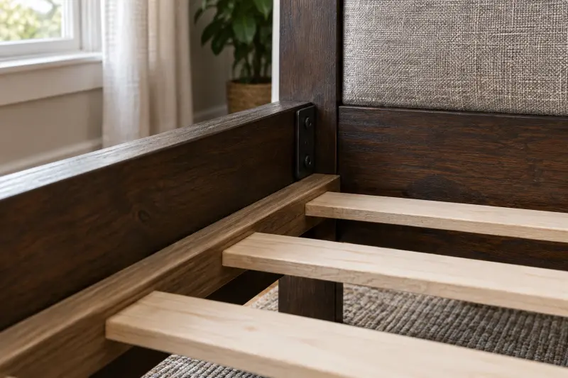Illustrative detail of a wooden bed-frame corner, support ledge and slats beneath an upholstered headboard.