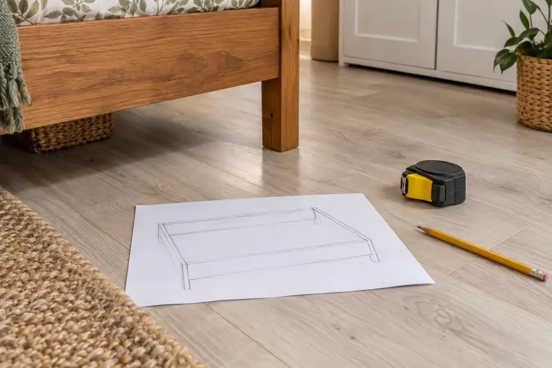 Illustrative planning scene with a rough bed-frame sketch, pencil and closed tape measure on a bedroom floor.