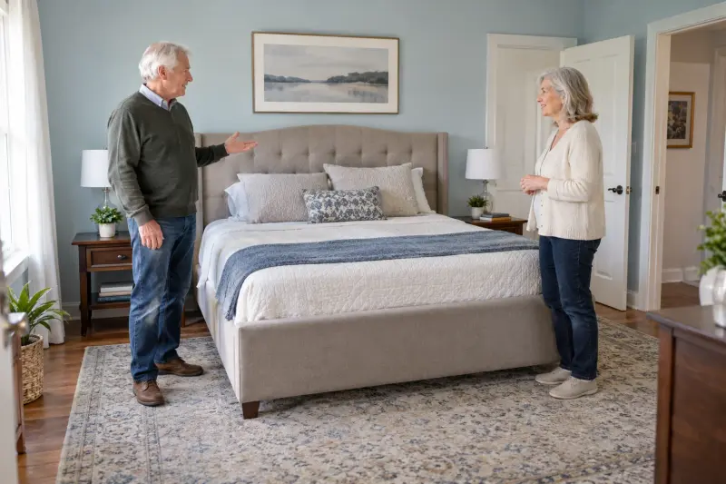 Illustrative scene of two older adults discussing an upholstered bed frame in a bedroom.