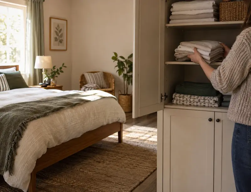 Illustrative scene of folded bed linen being placed on a wardrobe shelf beside a bedroom.