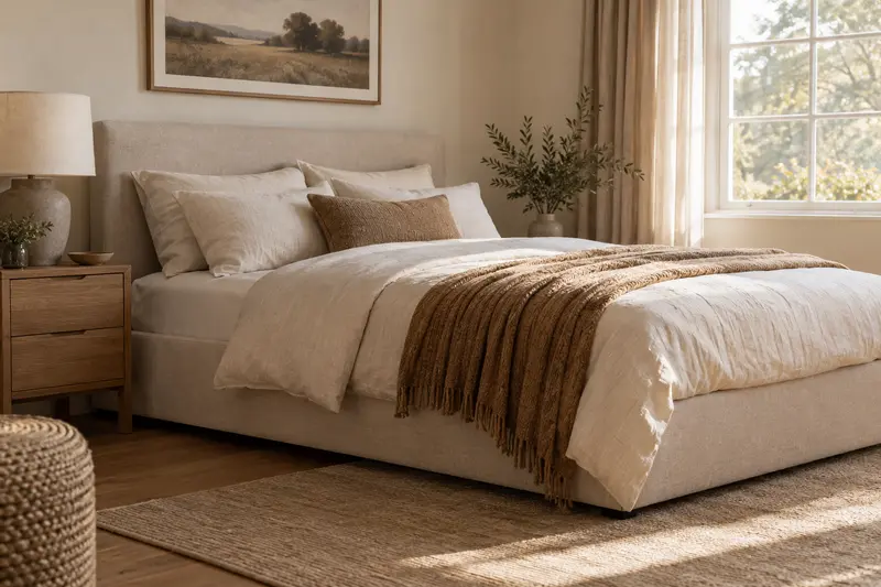 Illustrative empty flat bed inside a plain upholstered frame.