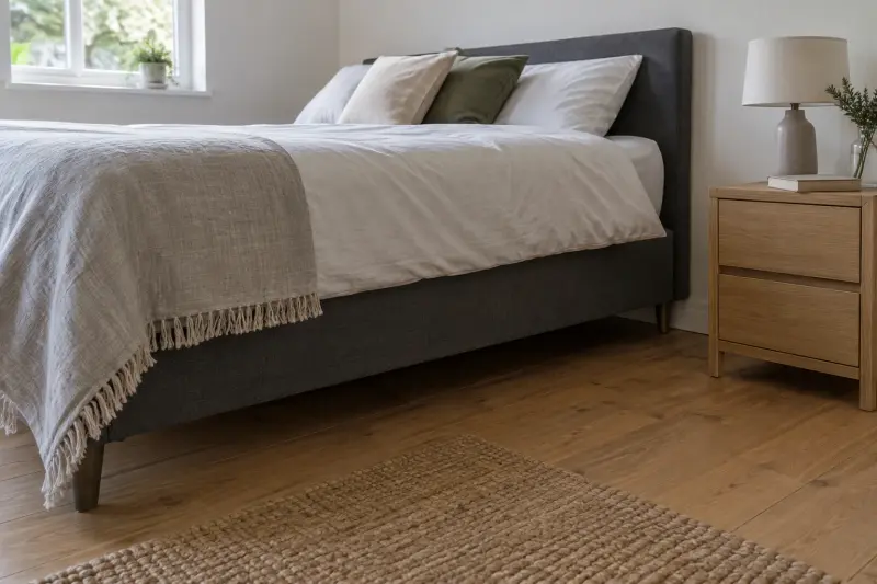 Side view of a flat bed, wooden bedside table and bedroom floor.