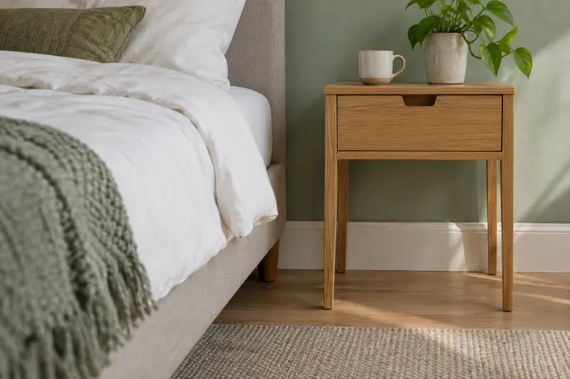 A bedside table beside the mattress edge in a softly lit bedroom.