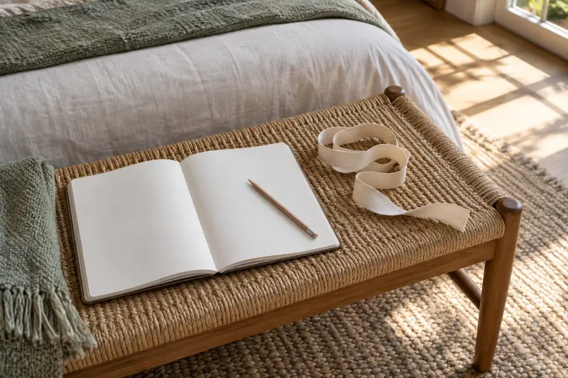 A blank notebook, pencil and unmarked fabric ribbon on a woven bedroom bench.