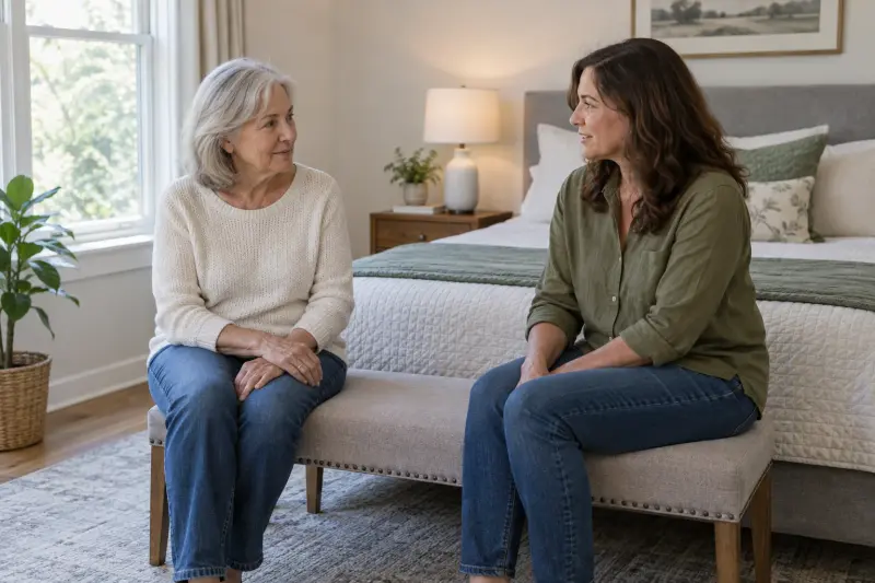 Two adults talking while seated on a bedroom bench in front of a flat bed.