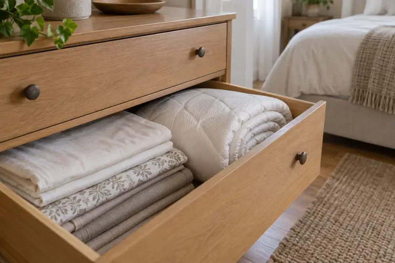 Spare bedding and a padded textile stored in an open wooden drawer.