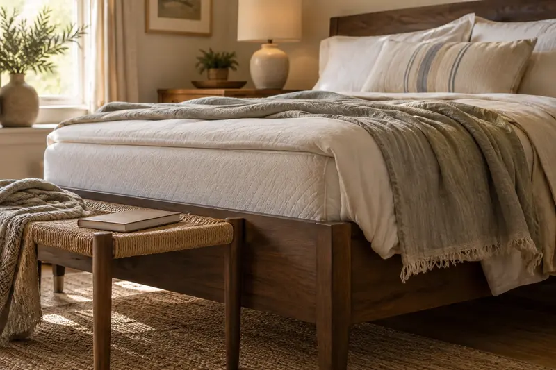 Illustrative bed frame and mattress edge beside a bench with a closed notebook.