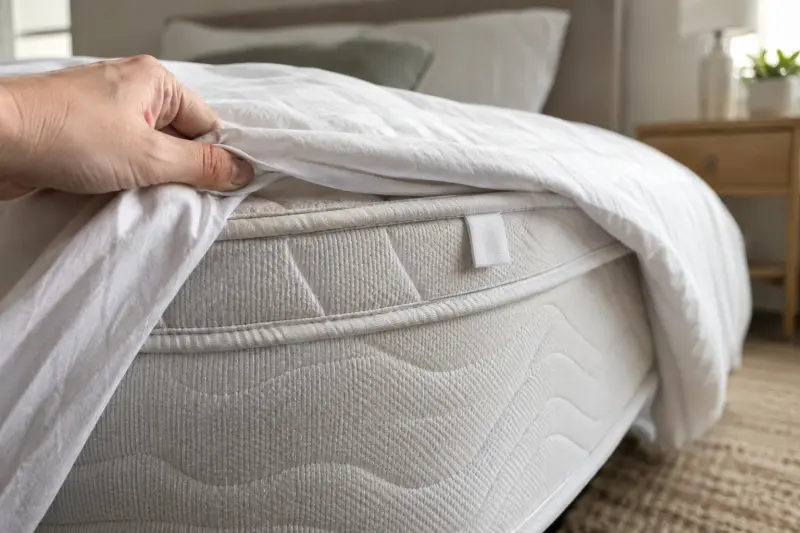 Illustrative mattress edge with stitching and a plain fabric tag beneath a lifted sheet corner.