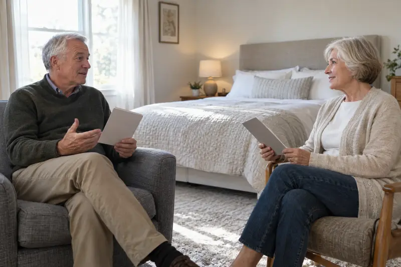 Illustrative scene of two adults discussing separate instruction booklets beside a flat bed.