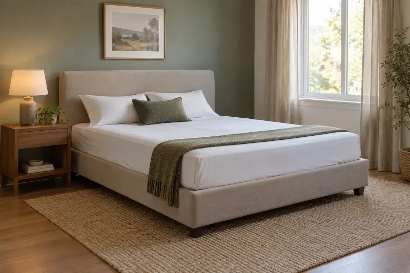 Illustrative bedroom showing a flat mattress on an upholstered base with a separate bedside cabinet.