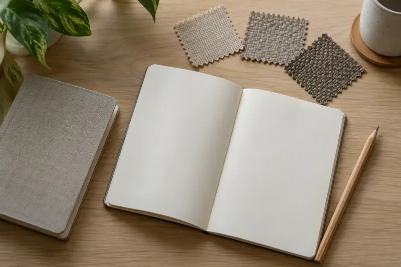 Illustrative blank notebook beside fabric swatches, a pencil and a closed booklet.
