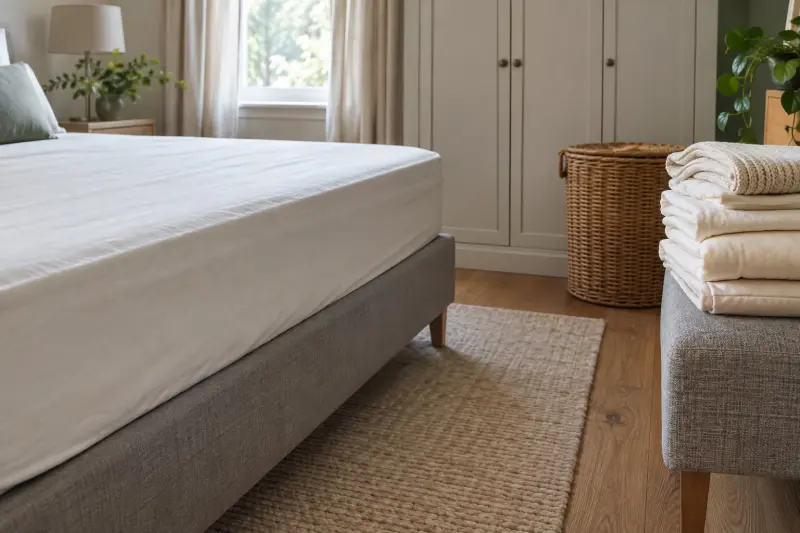 Illustrative flat mattress with folded bed linen and a laundry basket near a wardrobe.