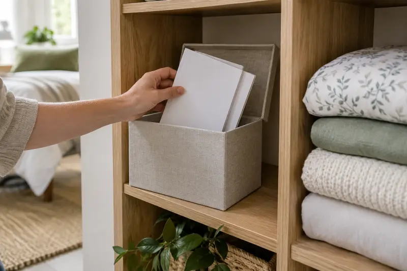 Illustrative Hand, die zwei neutrale Hefte neben gefalteter Bettwäsche in einer Dokumentenbox verstaut.