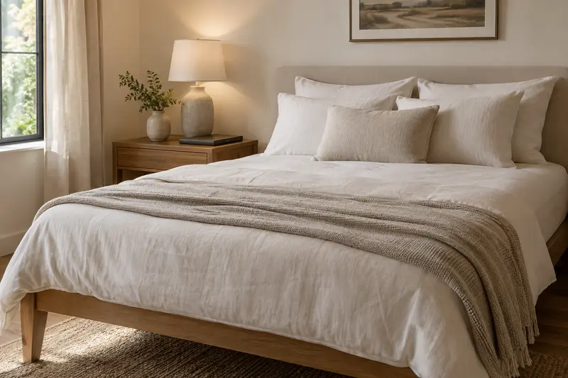 Illustrative empty flat bed with neutral cotton bedding and a closed bedside folder.