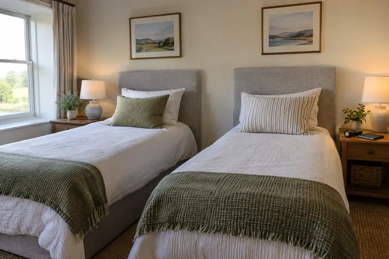 Illustrative bedroom scene with two flat beds and a small torch beside a closed plain booklet.
