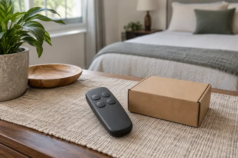 Illustrative detail of a generic unlabelled controller beside a plain closed accessory carton.