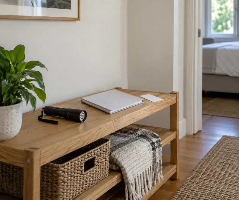 Illustrative preparation scene with a torch, closed plain booklet and blank card on a shelf outside a bedroom.
