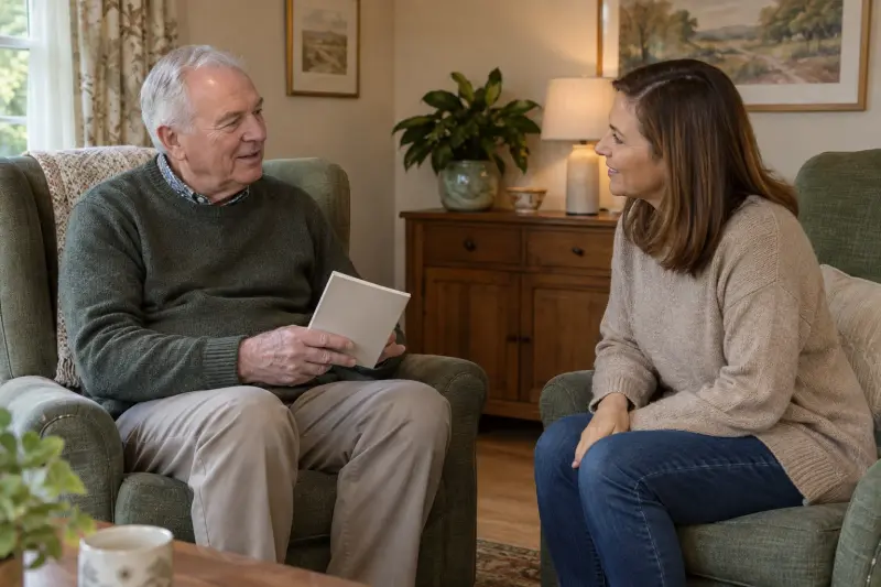 Illustrative scene of an older man and another adult discussing a plain booklet while seated in a living room.