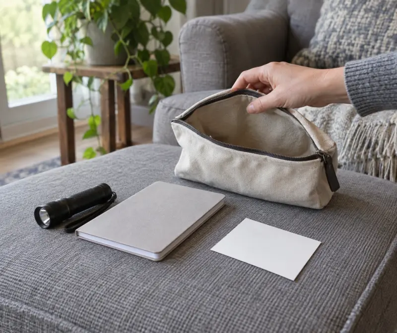 Illustrative storage scene with a torch, plain booklet and blank card beside an open canvas pouch.