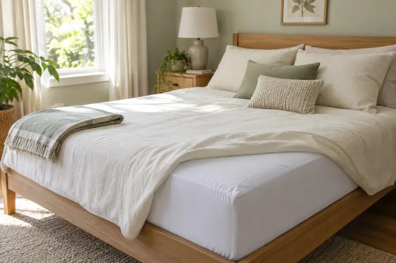 An ordinary flat bed with the cover turned back to show a plain white bedding layer.