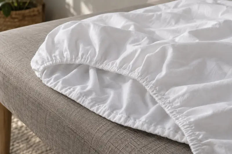 The gathered elastic edge of a loose white bedding cover on an upholstered bench.