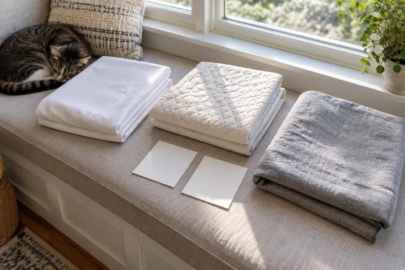 Three folded bedding textiles and blank cards on a window seat, with a resting cat nearby.