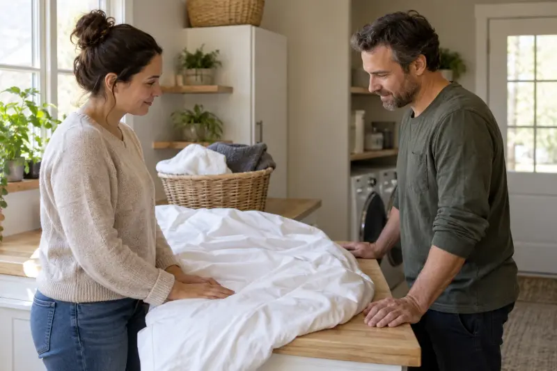 Two adults discussing a loose white bedding cover on a laundry counter.
