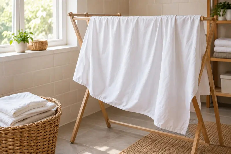 A white bedding textile draped over a wooden drying rack beside a utility-room window.