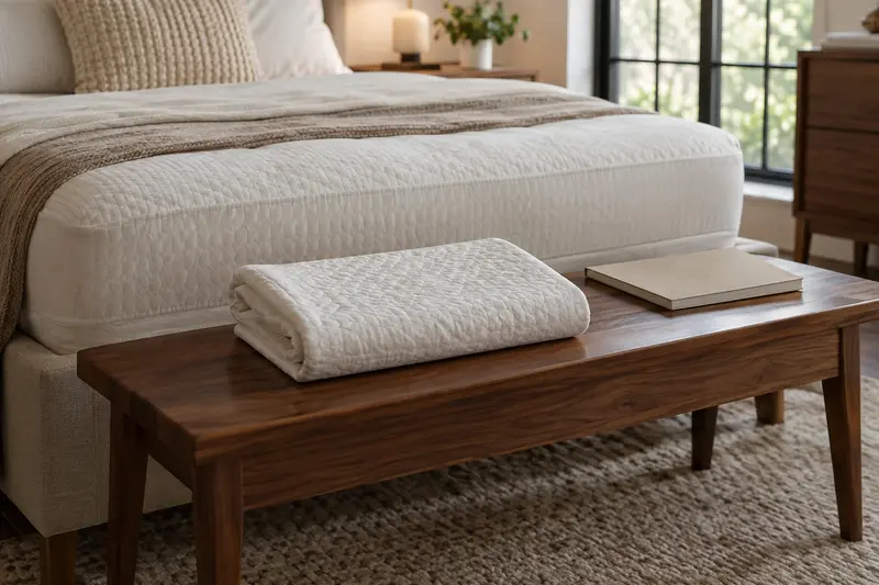 Illustrative mattress edge, folded quilted textile and closed notebook on a wooden bench.