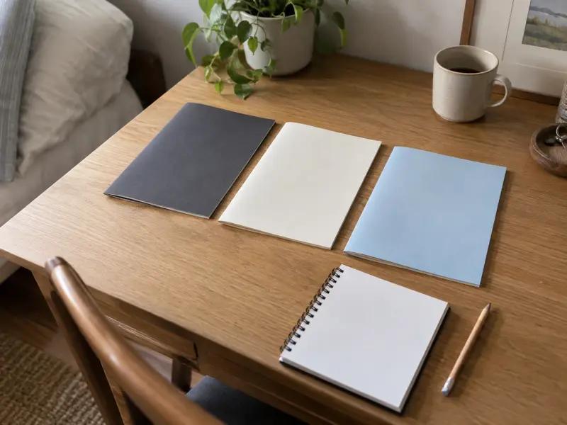 Illustrative grouping of three plain instruction booklets beside a blank notebook and pencil.